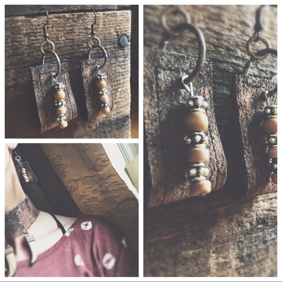 Necklace  and earrings Dip Dye Italian Leather&Rustic Wood & Metal Horns - Picture 6 of 8